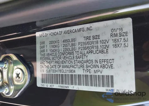 2016 Acura Rdx Advance Package z USA, uszkodzony, nr VIN 5J8TB3H78GL015804